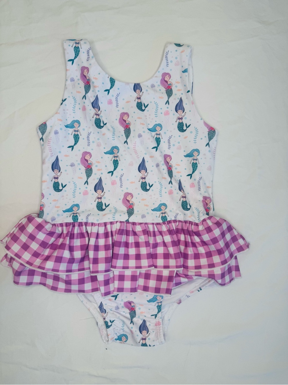 Girls Mermaid Print Ruffle One-Piece Swimsuit - Pink & Teal